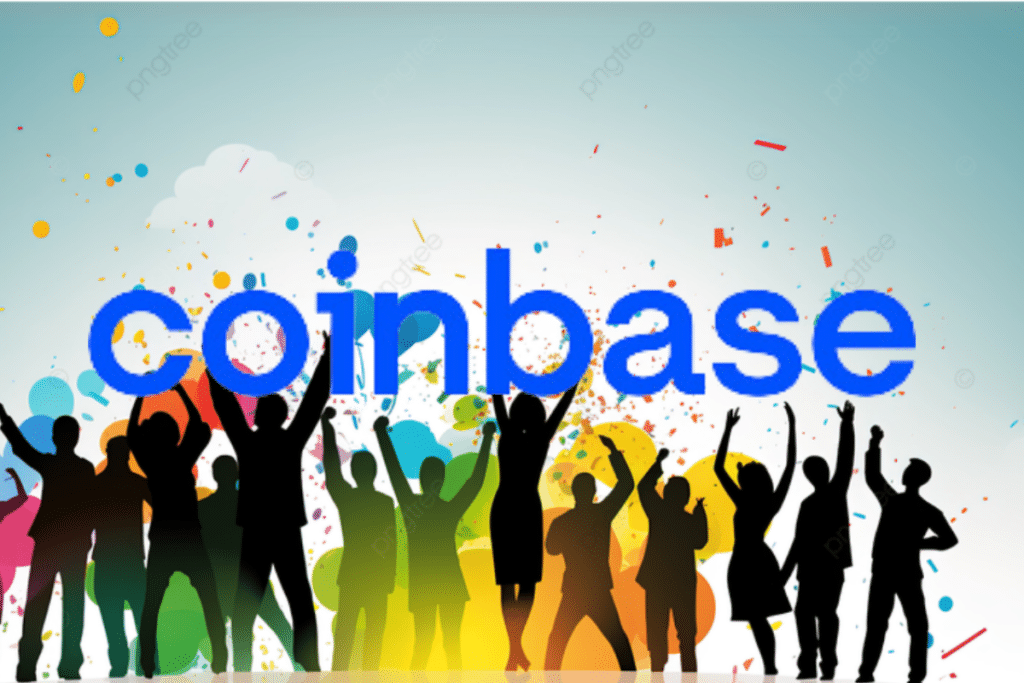 A victory celebration with a Coinbase logo