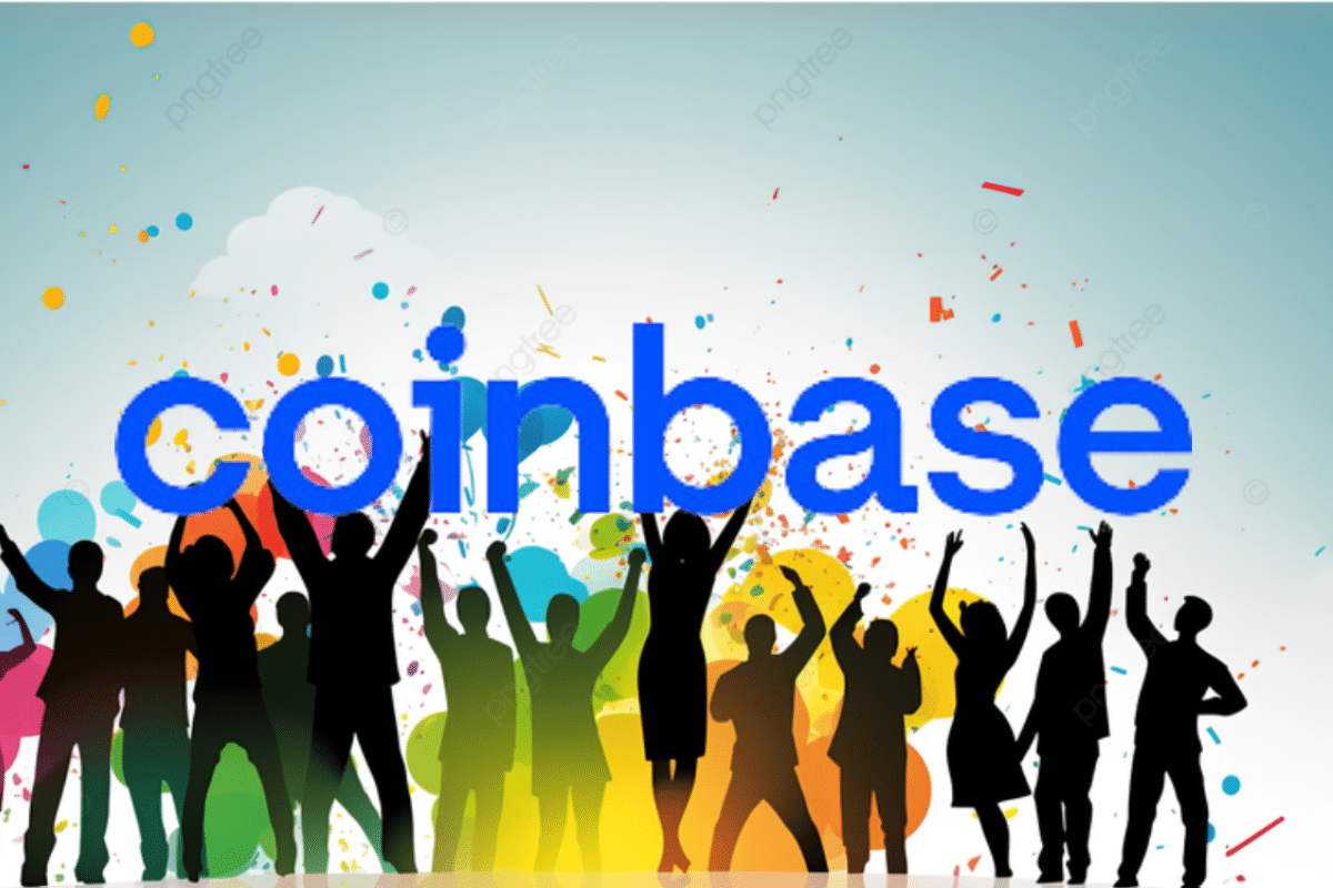Une célébration d'une victoire avec un logo de Coinbase