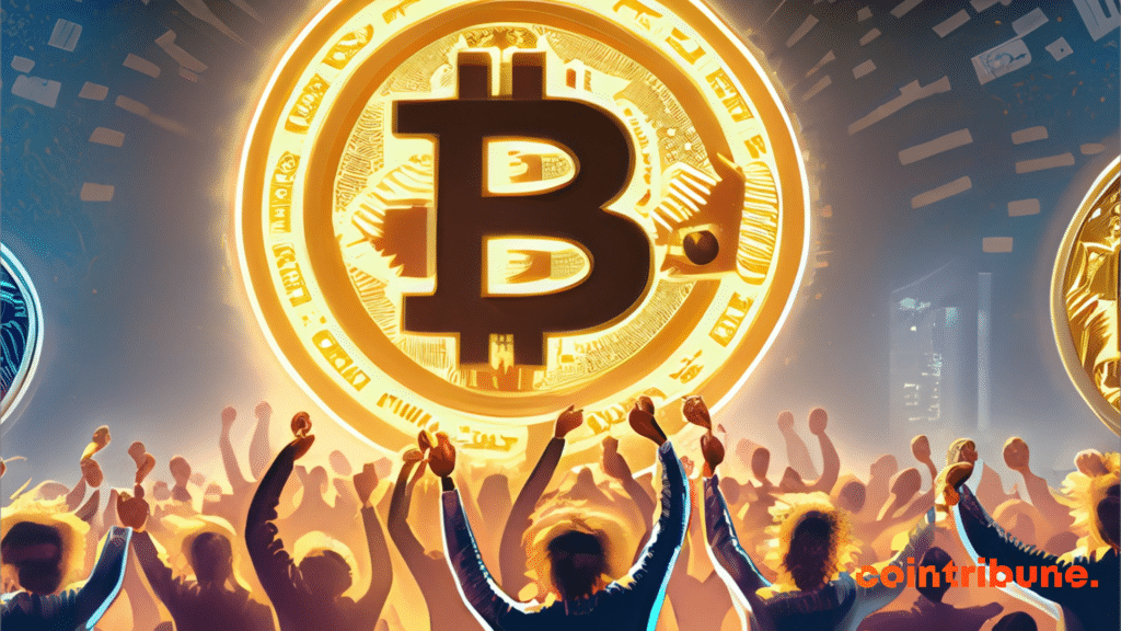 Illustration d'une foule euphorique face à un jeton bitcoin (BTC)
