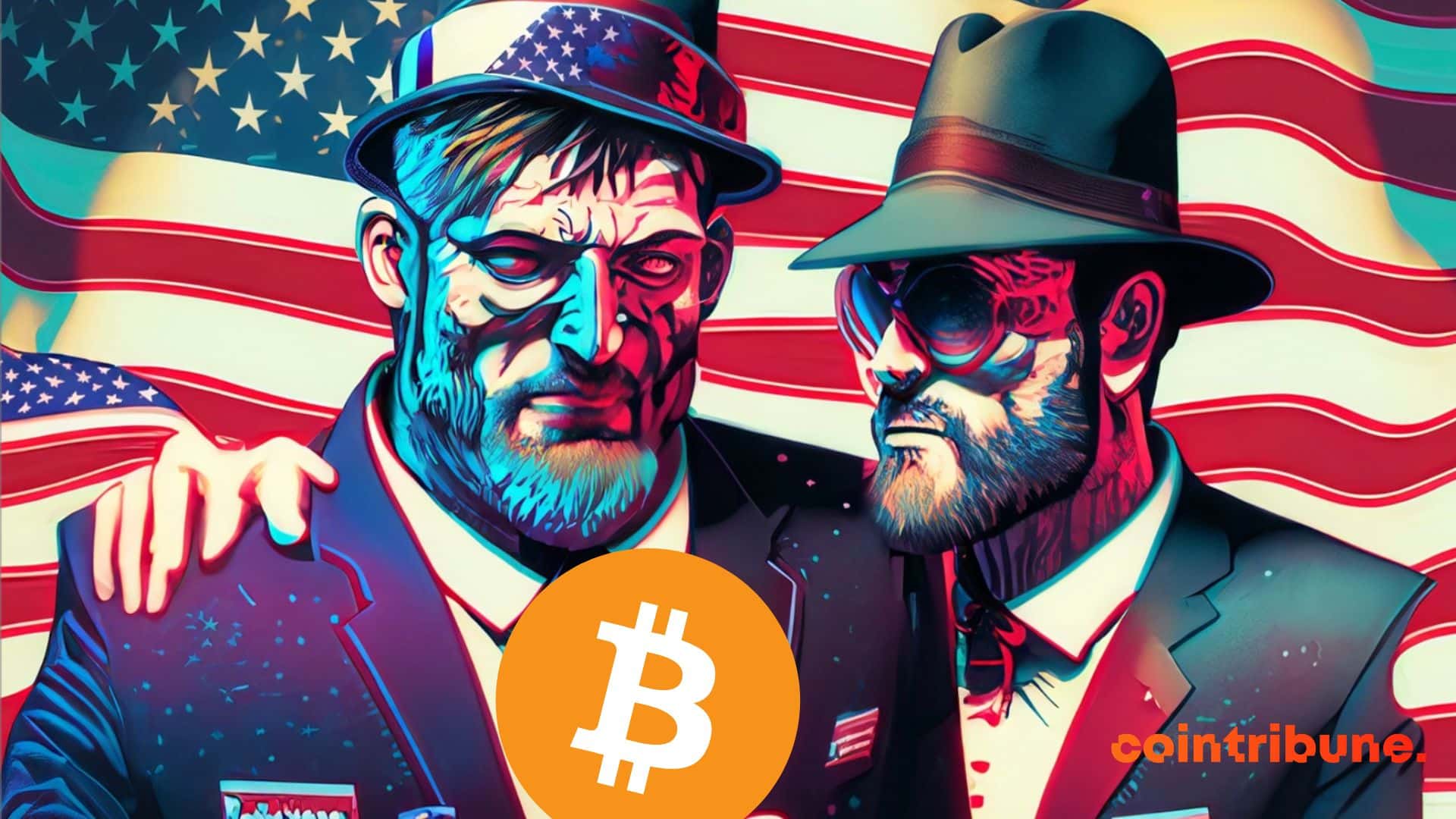 Illustration de deux américains comploteurs autour d'un jeton BTC
