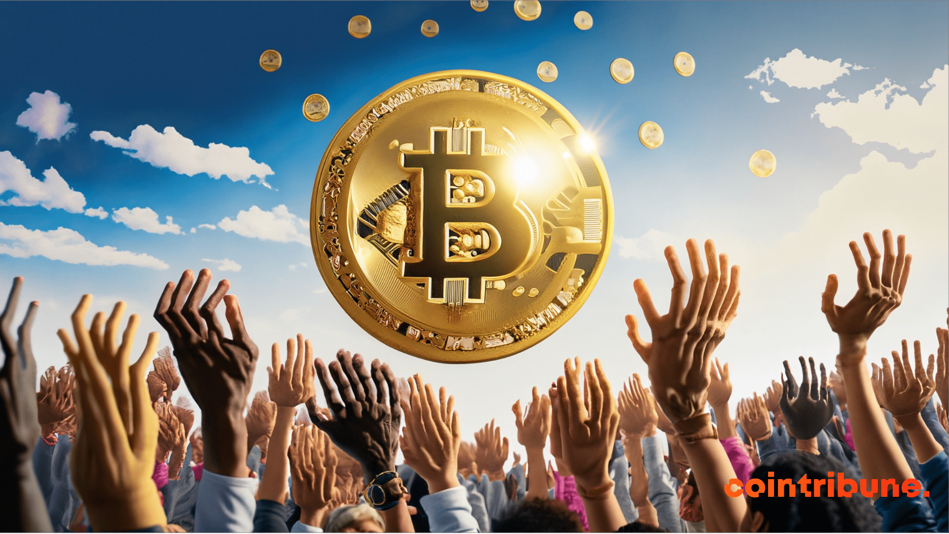 Une foule pleine d'espoir lève les mains au ciel en direction de bitcoin