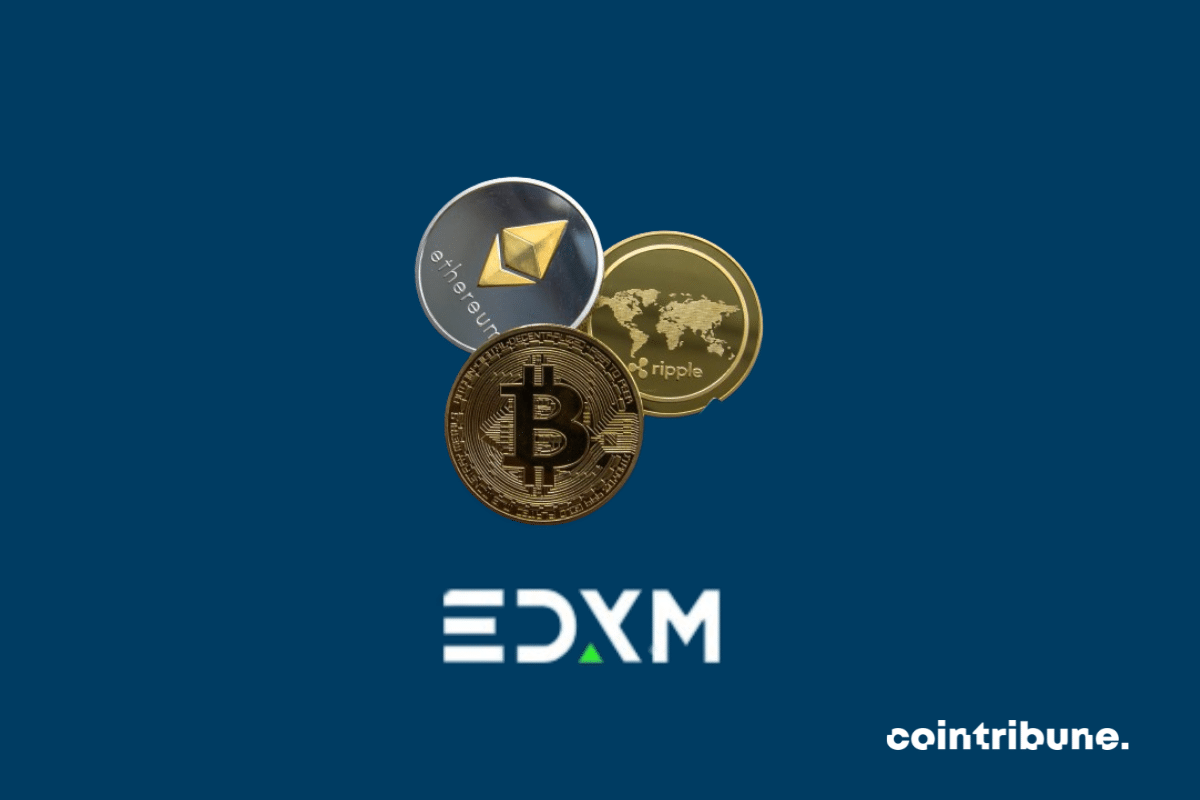 Des pièces de cryptos et le logo de EDX markets