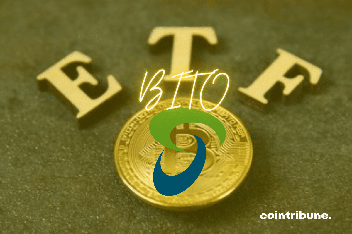 Pièce de bitcoin avec logo de ProShares, mentions ETF et BITO