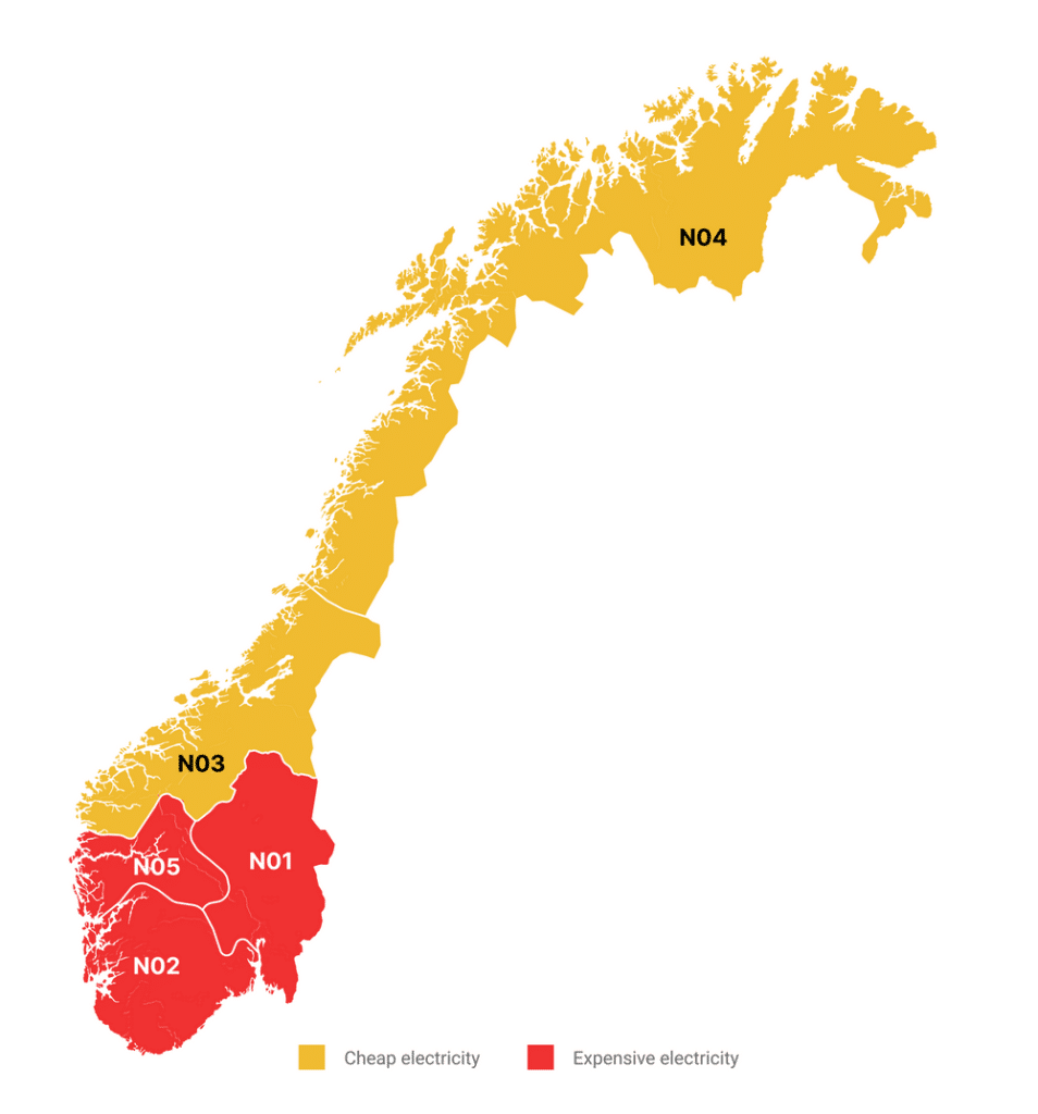 Coûts d'électricité dans le nord et le sud de la Norvège