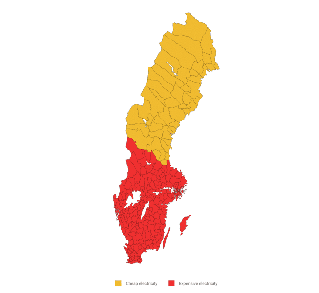 Coûts d'électricité dans le nord et le sud de la Suède