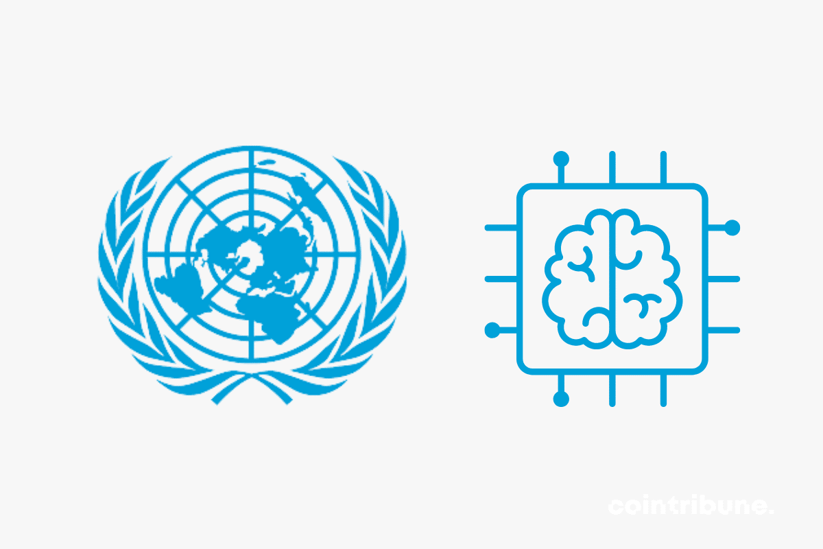 Le logo de l'ONU et un pictogramme représentant nl'IA