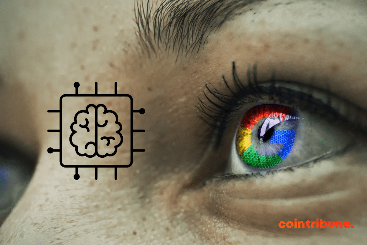 Un pictogramme représentant l'IA posé sur un visage au milieu duquel s'ouvre un œil aux couleurs de Google