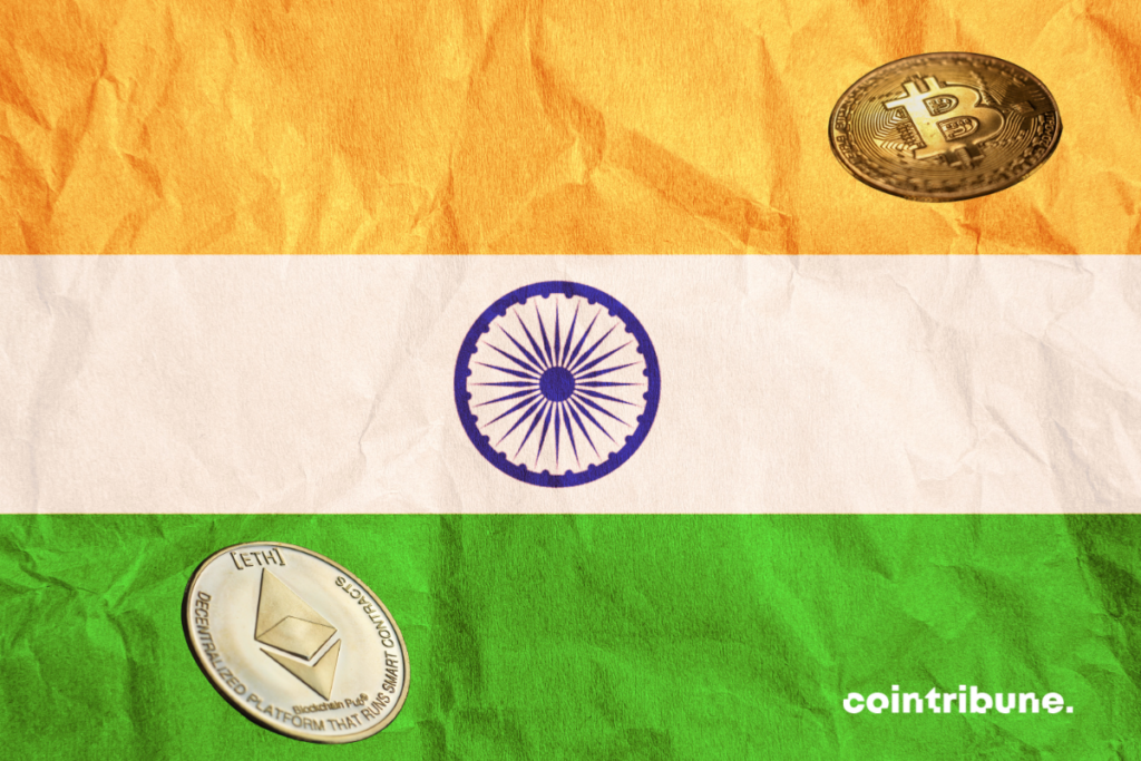Le drapeau de l'Inde avec des pièces de cryptos