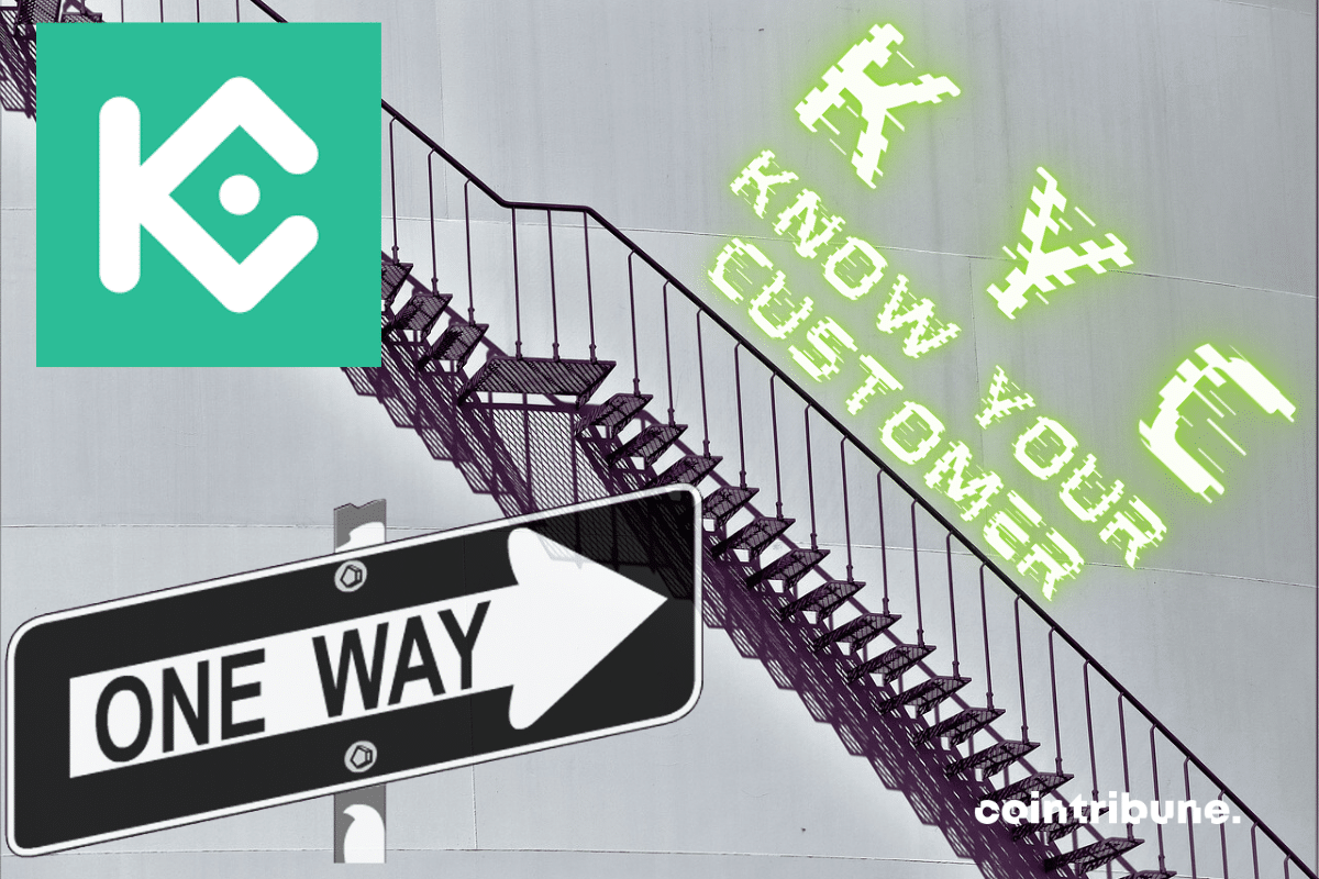 Escalier et logo de KuCoin, mention KYC et panneau signalisant "One Way"