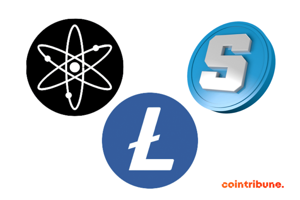 Les logos de ATOM, The SANDBOX et Litecoin