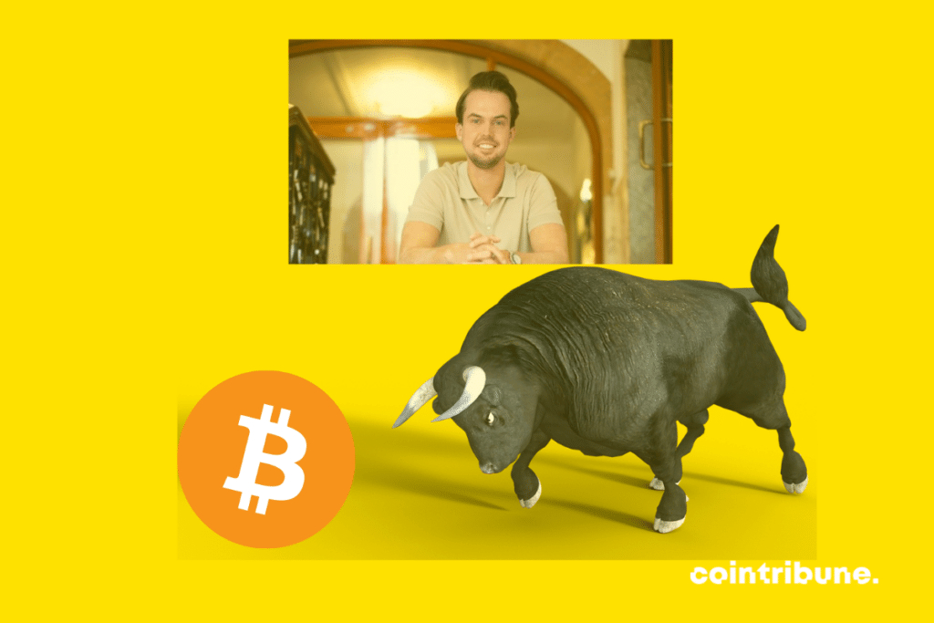 Photos de Michaël van de Poppe, de bull et logo de bitcoin