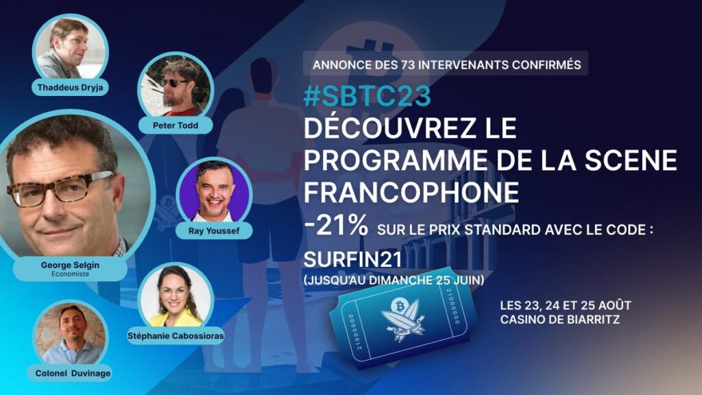 Affiche présentant le programme de l'évènement Surfin'Bitcoin