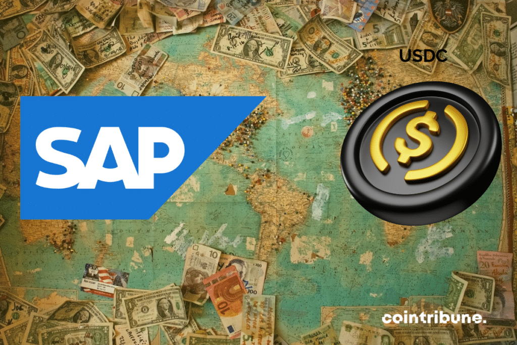 Carte du monde avec logos de SAP et USDC