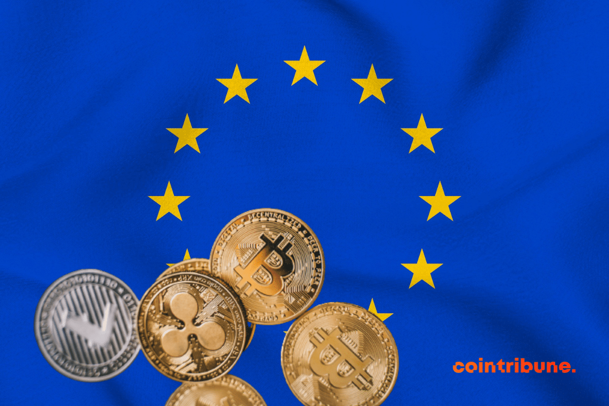 The EU flag with various crypto coins