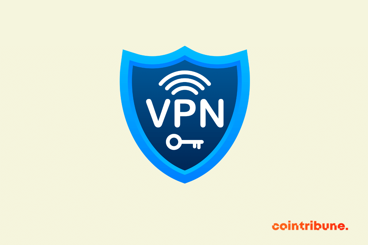 Un bouclier sur lequel figurent le symbole de la connexion internet, la mention VPN et une clé