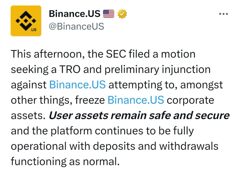 Tweet de Binance sur la nouvelle démarche de la SEC