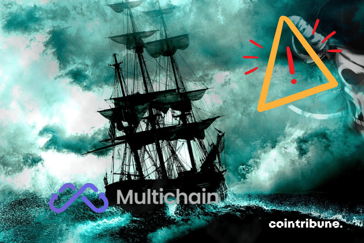Illustration de bateau pirate avec logo de Multichain, et mention Alerte