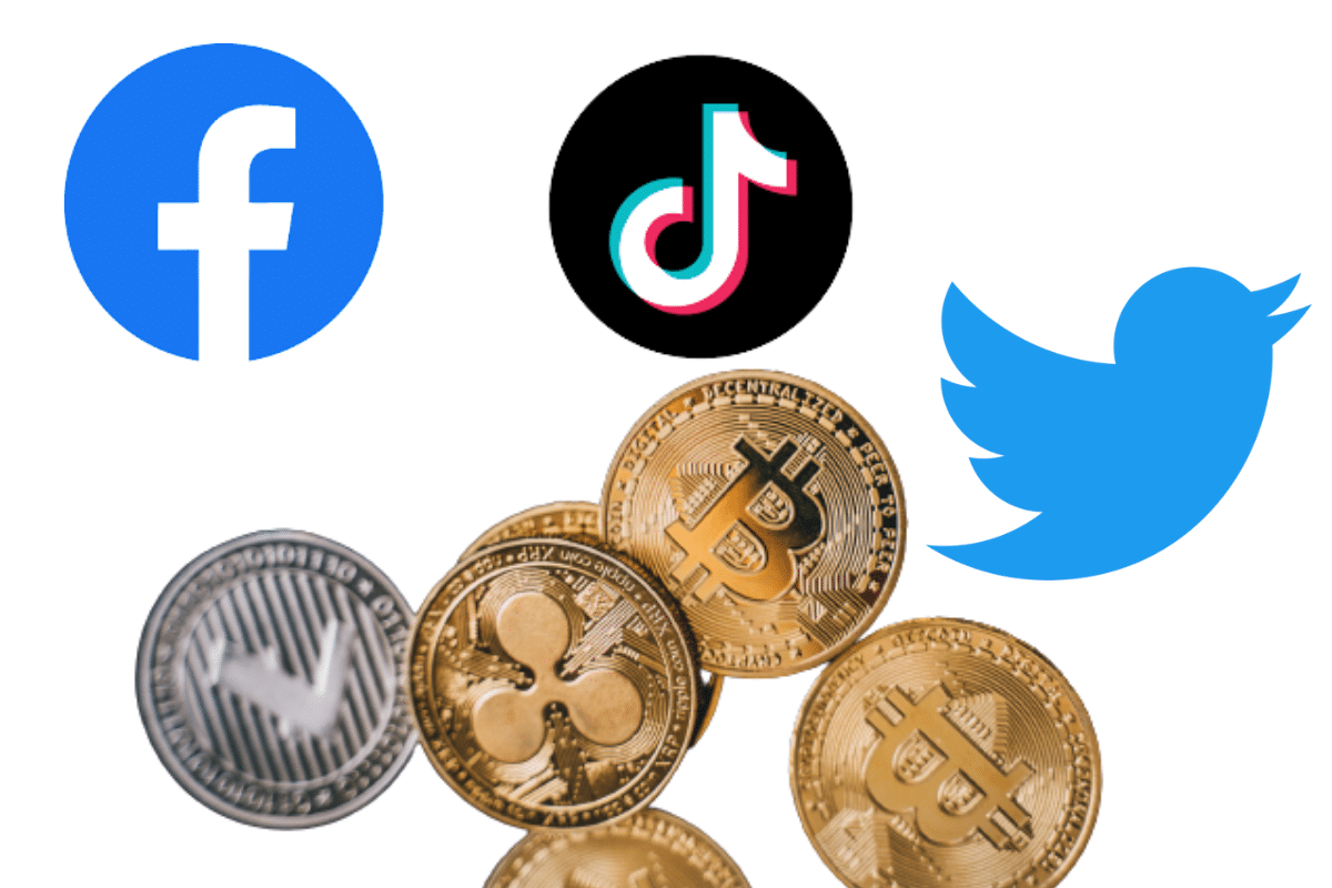 Les logos des principaux réseaux sociaux avec des pièces de diverses cryptos