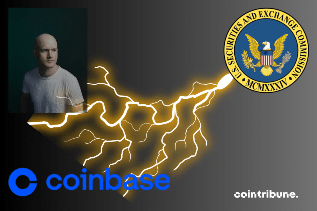 Illustration of a lightning bolt with SEC and Coinbase logos, and photo by Brian Armstrong