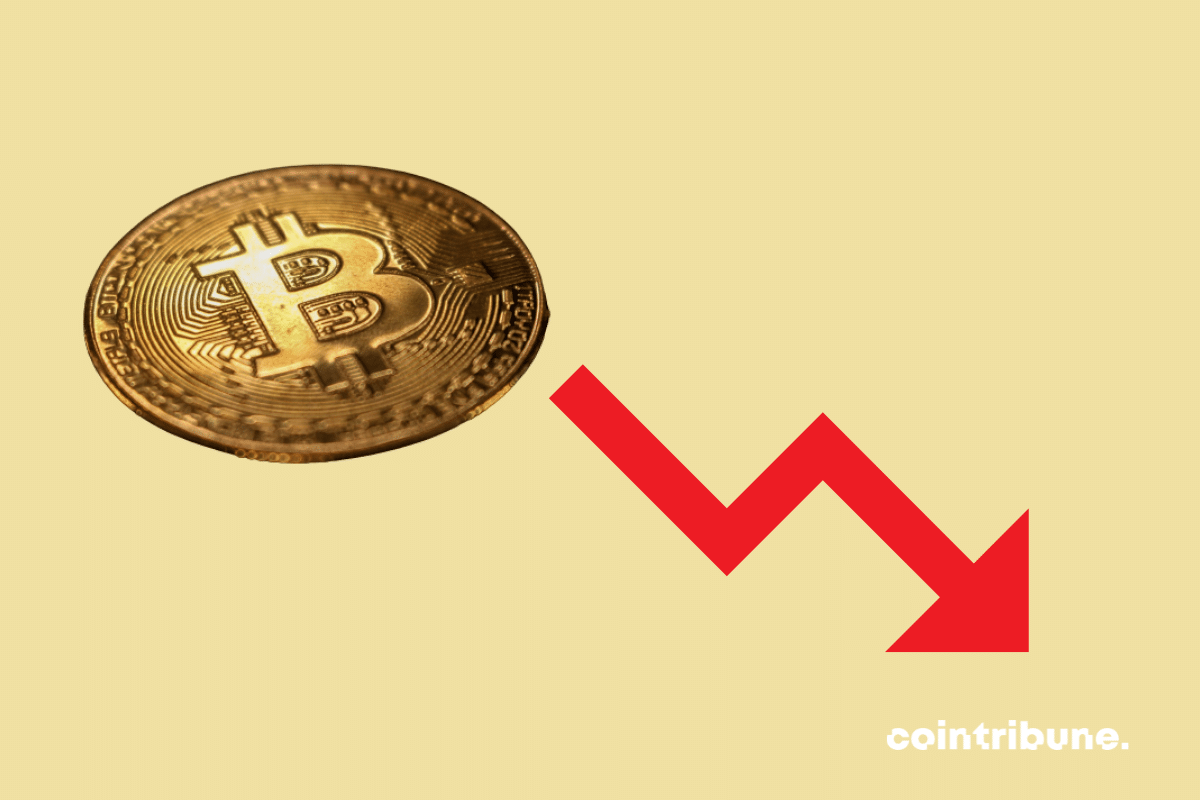 A bitcoin coin and an arrow symbolizing the decline