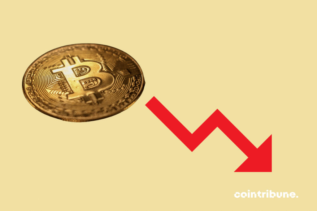 A Bitcoin coin and an arrow symbolizing a decline