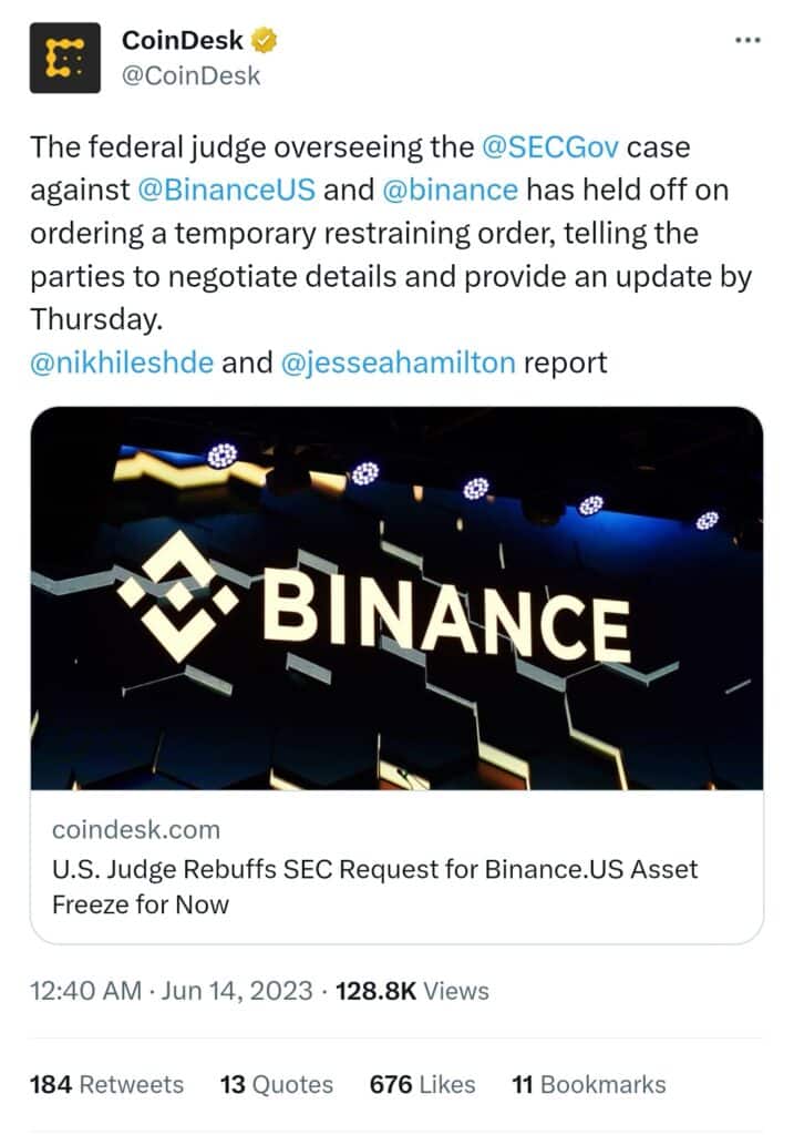 Mise à jour affaire Binance VS SEC 