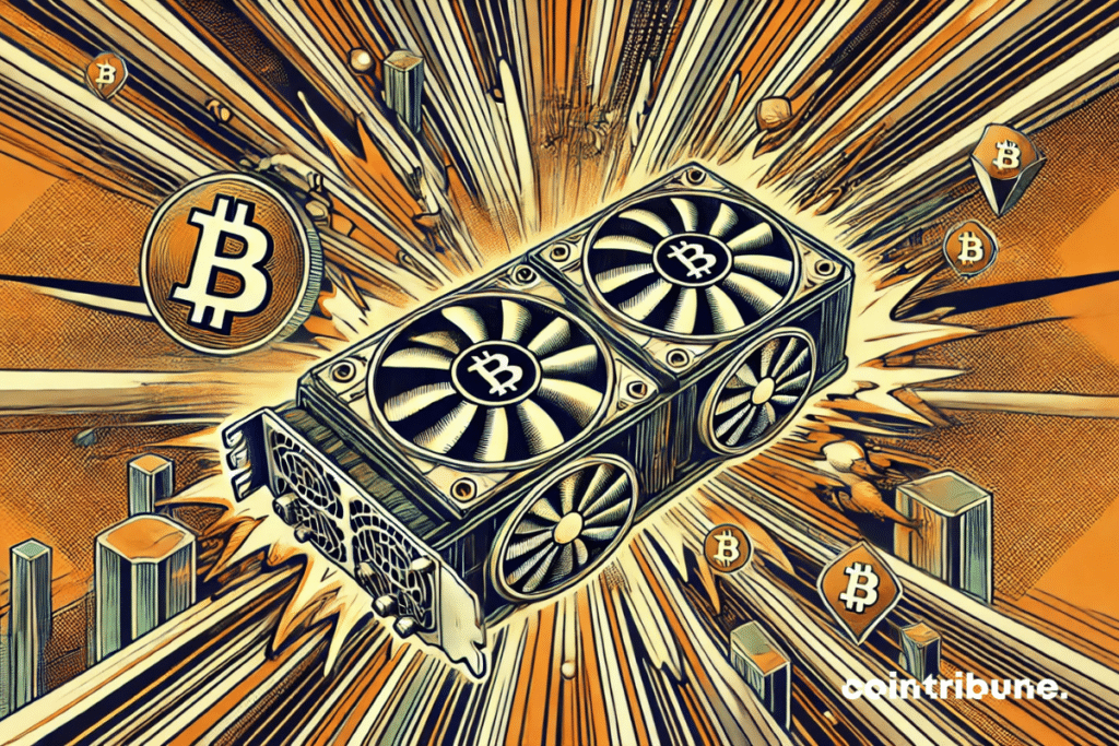 Comic-book-style graphics surrounded by Bitcoin symbols and dynamic sparkles.