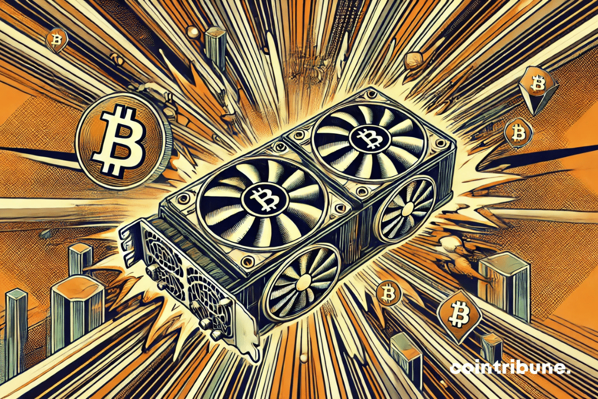 Comic-book-style graphics surrounded by Bitcoin symbols and dynamic sparkles.