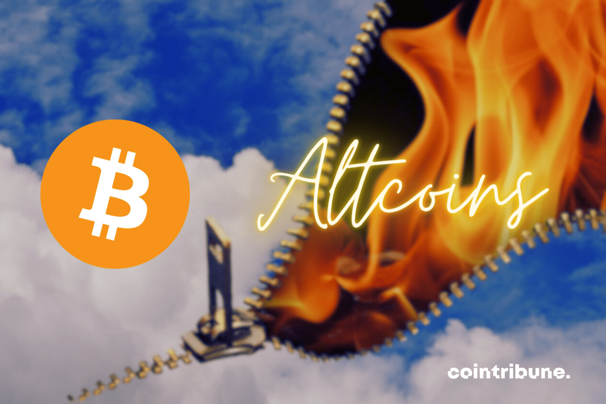 Illustration de l'enfer, logo bitcoin et mention altcoins