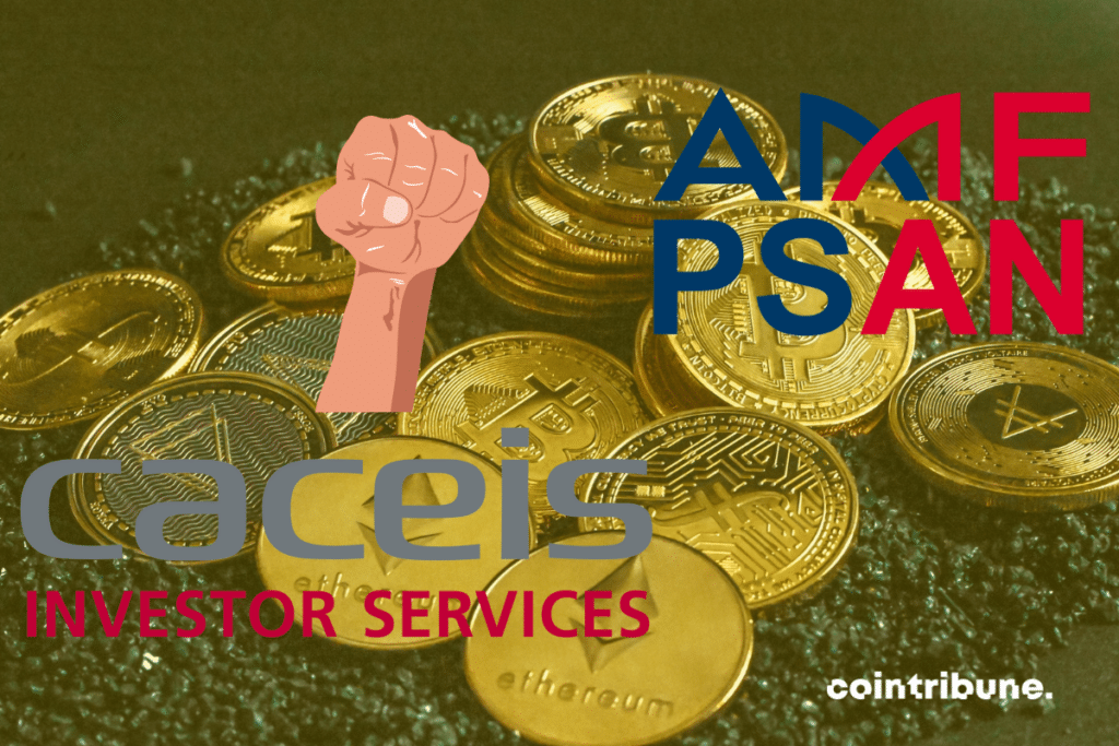 Pièces de cryptos, Logos de l'AMF PSAN et Caceis et main de la victoire