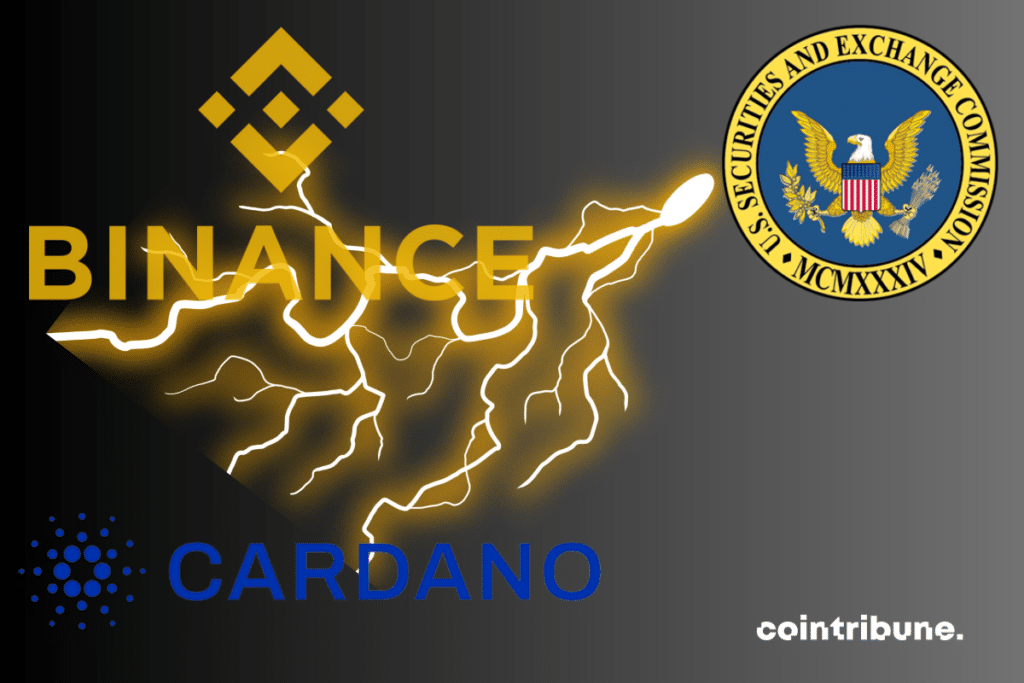 Illustration of a lightning bolt next to the SEC, Binance and Cardano logos.