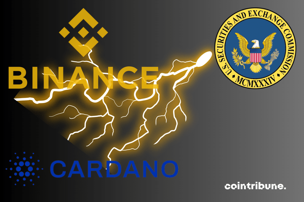 Illustration d'une foudre à côté des logos de la SEC, de Binance et de Cardano