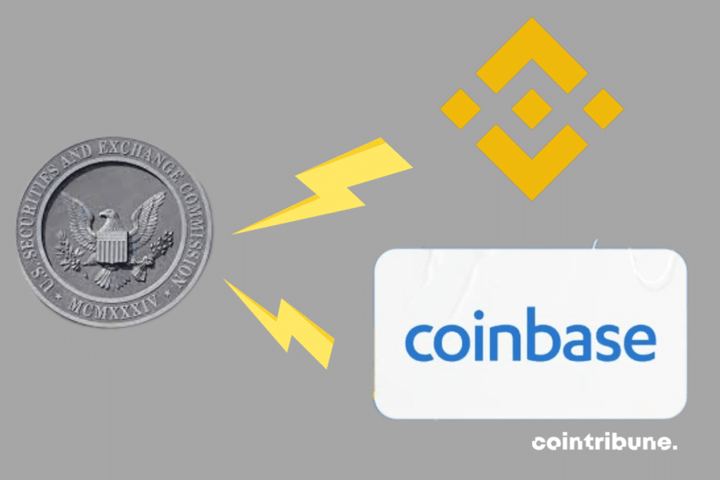 Les logos de la SEC, de Coinbase et de Binance