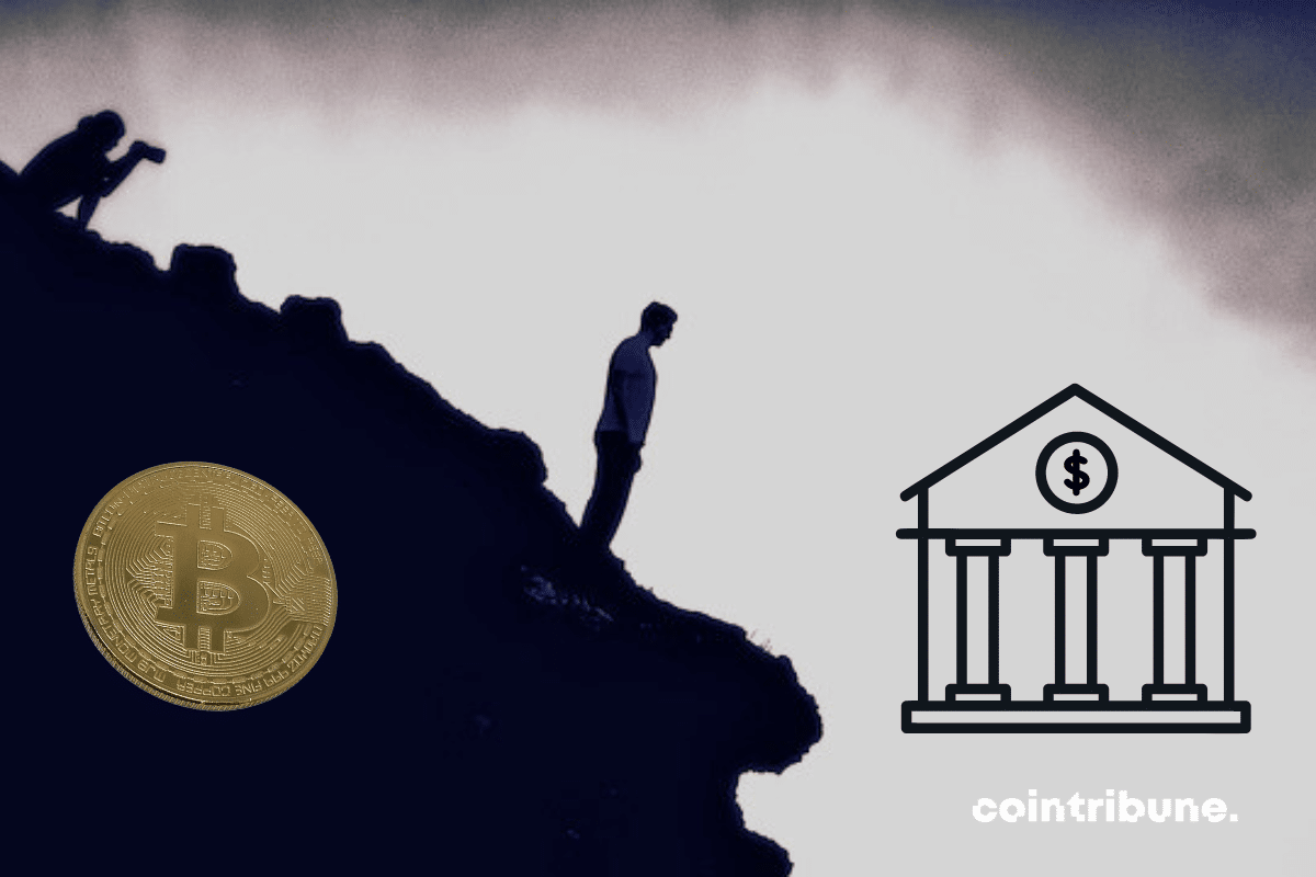 Illustrations d'une falaise et de banque avec logo bitcoin