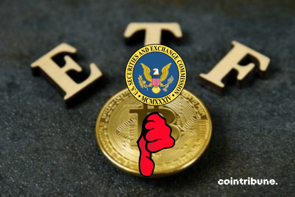 Pièce de bitcoin avec mention ETF, et logo de la SEC avec pouce rouge