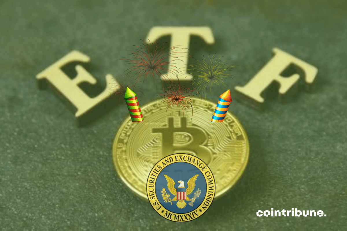 Pièce de bitcoin avec mention ETF et logo de la SEC.