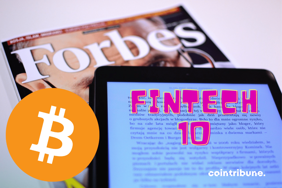 Photo du magazine Forbes avec logo de bitcoin et mention Fintech