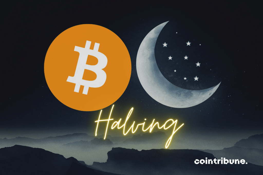 Illustration de quart de lune et logo Bitcoin avec mention halving