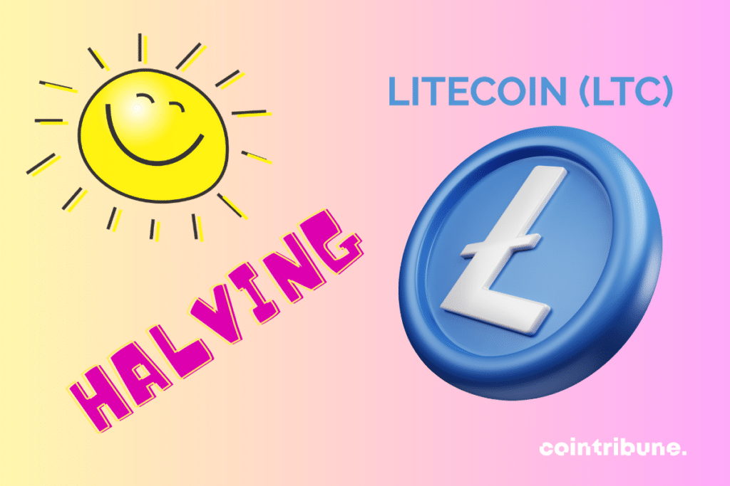 Solein souriant et logo du Litecoin avec mention "Halving"