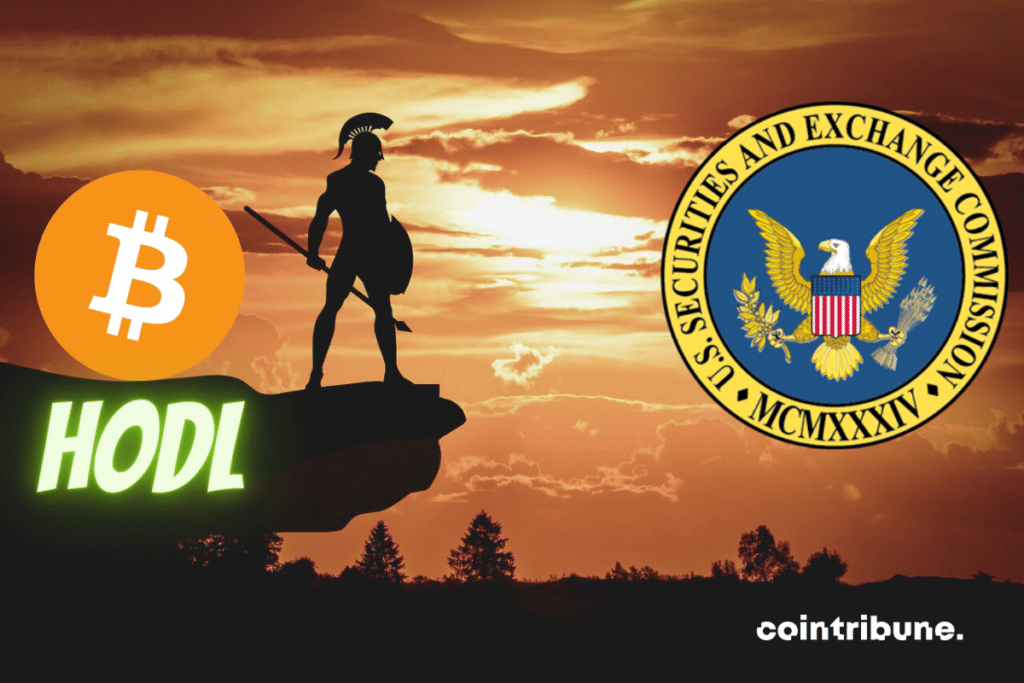 Image de soldat sparte et logos de bitcoin et de la SEC avec mention Hodl