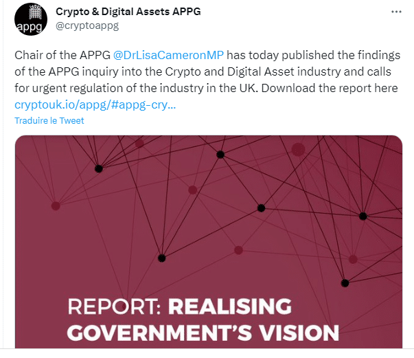 Twitter de APPG pour annoncer la publication d'un rapport
