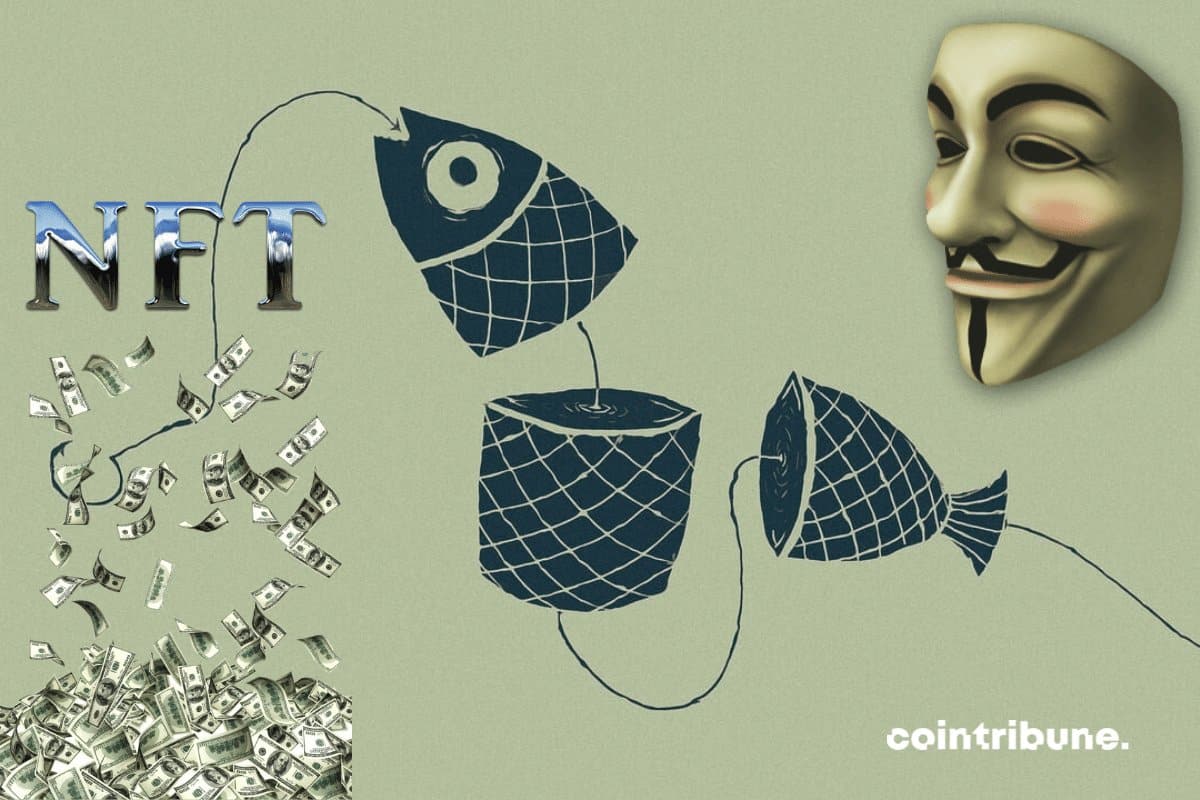Phishing illustration, anonymous mask, dollar bills and NFT logo