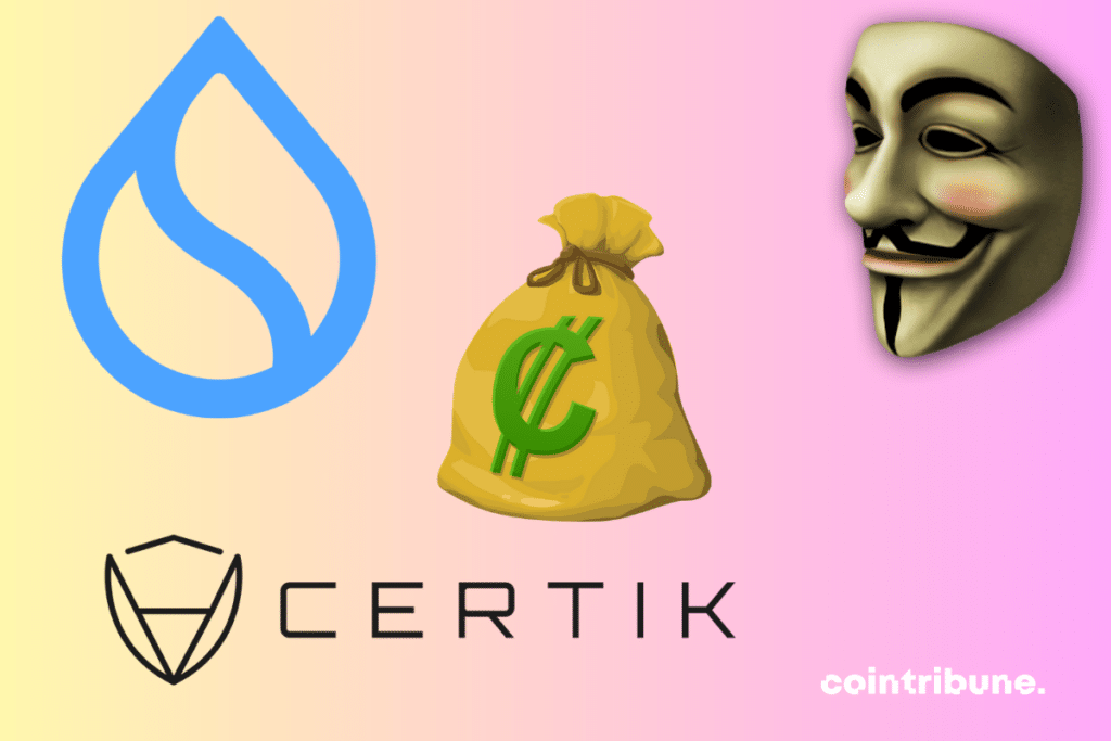 Logos de CertiK et Sui, sacs bourré d'euros et masque Anonymous