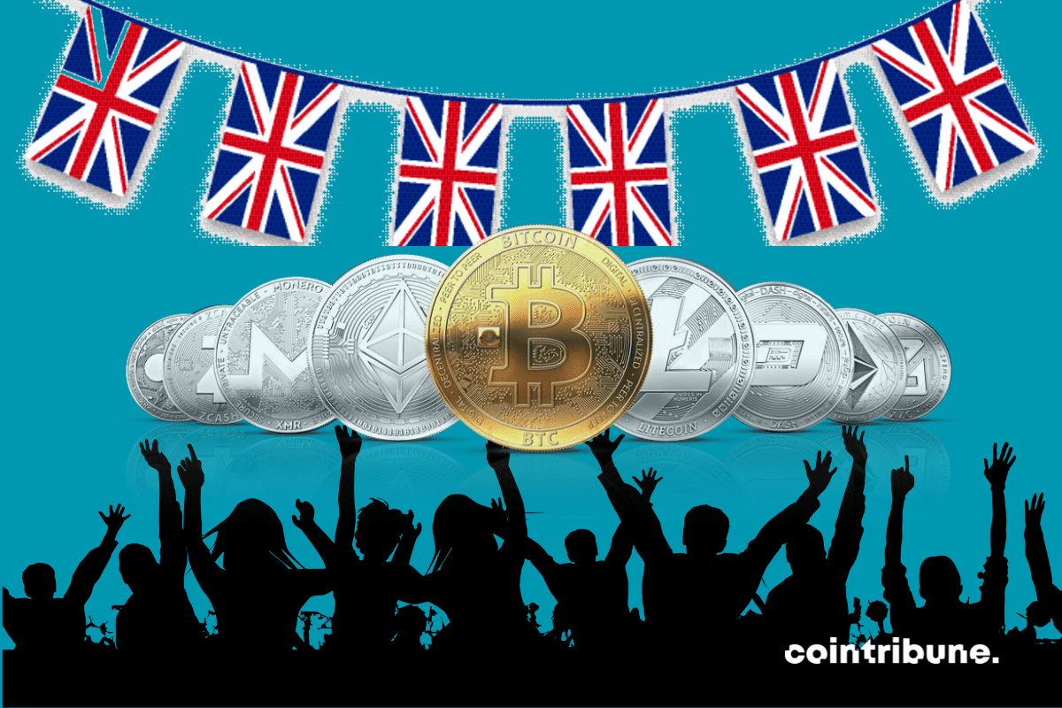 Guirlande drapeaux Royaume-Uni, pièces de cryptomonnaies et foule en train de danser