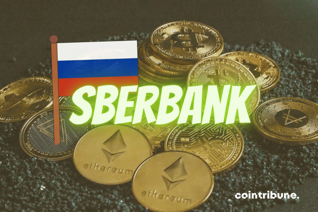 Pièces de cryptomonnaies, drapeau de la Russie et mention "Sberbank"