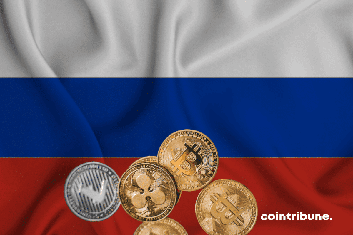 le drapeau de la Russie avec des pièces de cryptos