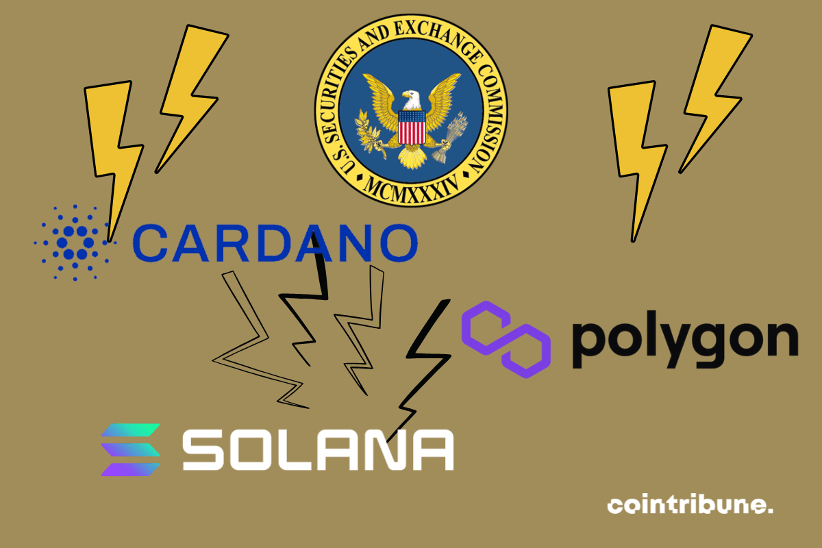 Lightning bolt illustrations and logos by SEC, Cardano, Polyton and Solana