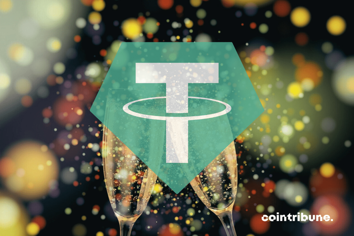 Illustration de vin pétillant et logo de Tether