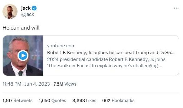 Jack Dorsey partage une vidéo du candidat pro-crypto Robert Kennedy