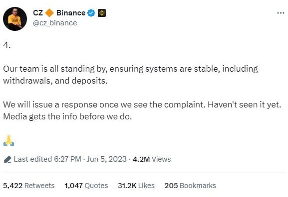 Réponse PDG de Binance à la plainte de la SEC